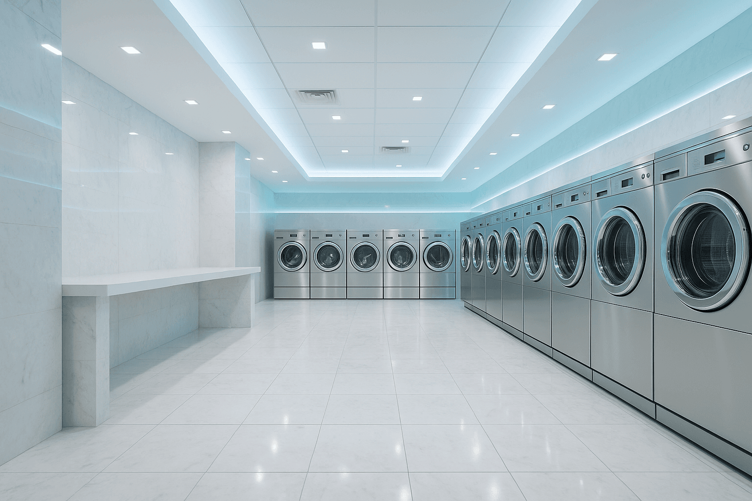 The Clean Sheet — pristine laundromat interior